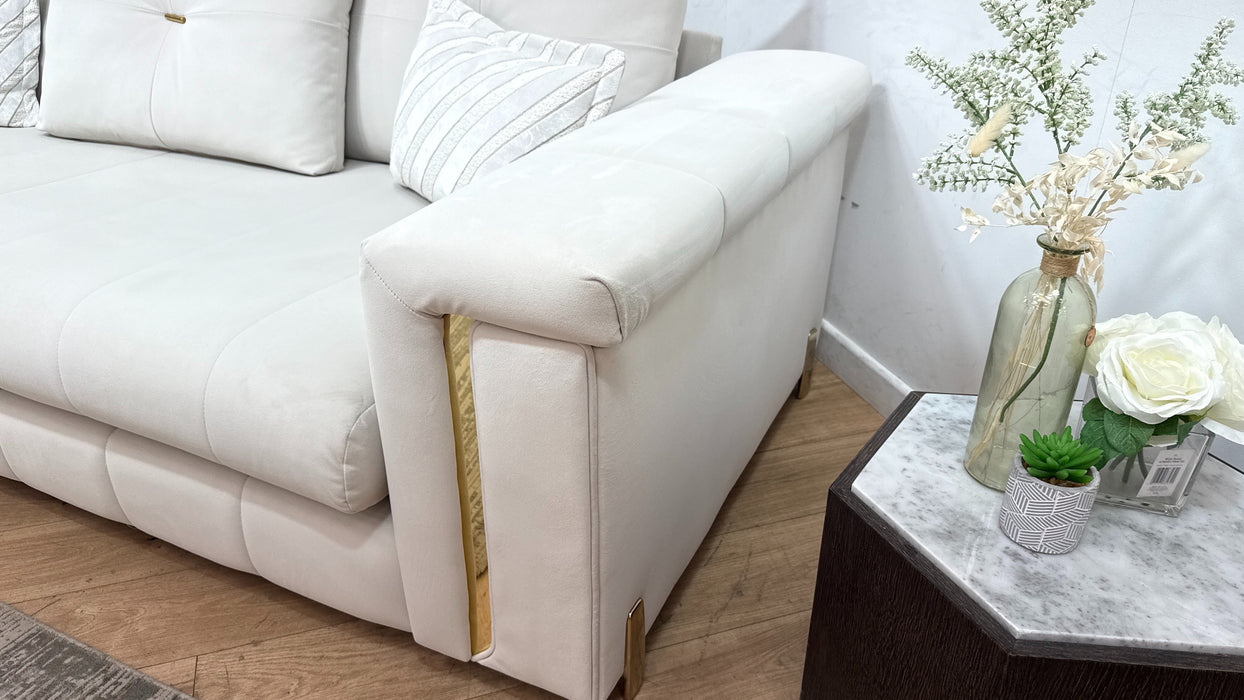 Sofology Oscar Fabric 4 Seater Gold Trim in Super Matt Velvet Ecru Mix