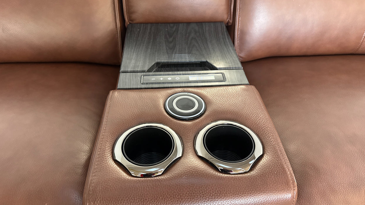 Sofology The Premiere 2.5 Seater Recliner Sofa Console in Trusty Embossed Leather Chestnut