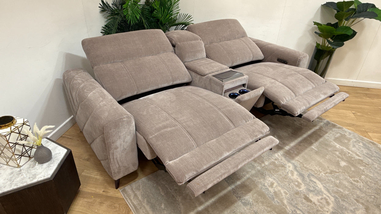 Sofology Allure Fabric 2.5 Seater Screen Console Power Recliner/Headrest Heated Seats Lumbar Speakers in Relaxed Chenille Nutmeg