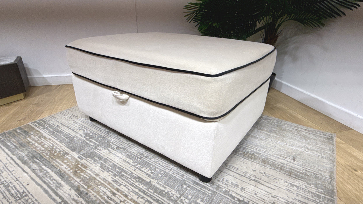Sofology Atelier Storage Footstool in Chenille Ivory All Over With Black Contrast Piping