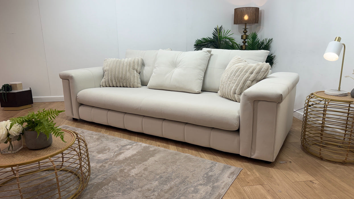 Sofology Oscar Fabric 4 Seater Distressed Walnut Trim in Super Matt Velvet Ecru Mix