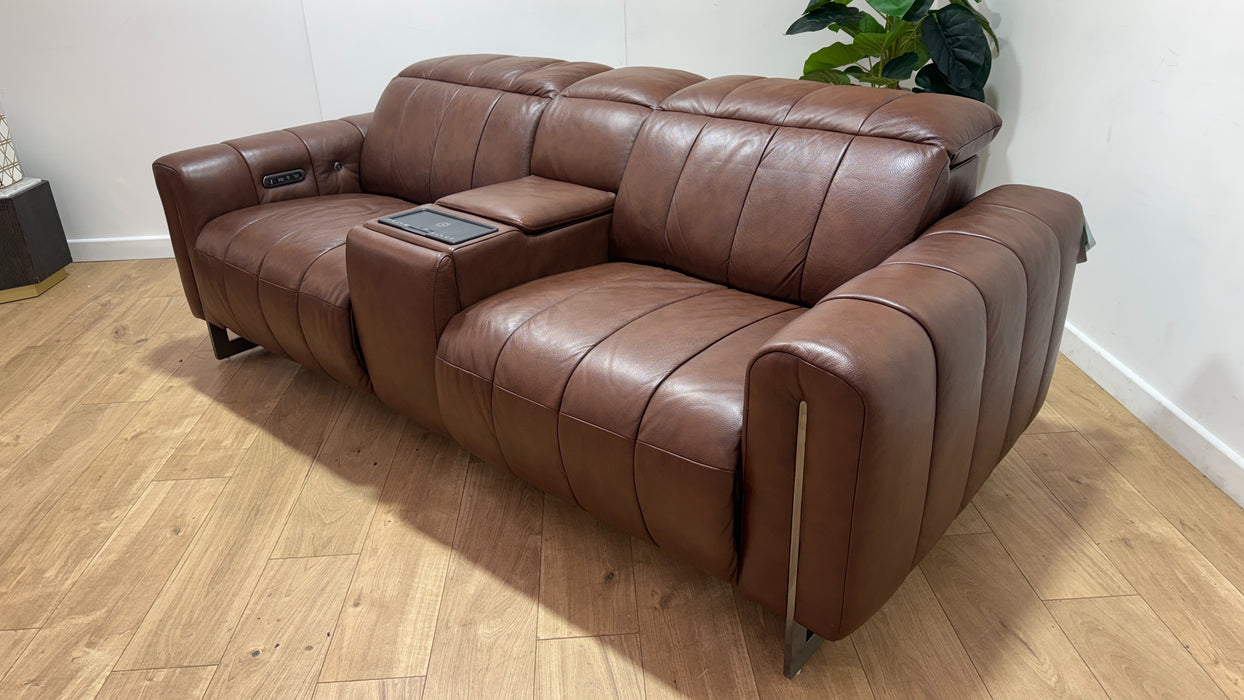 Sofology Paramount Leather 2.5 Seater Console Power Recliner/Headrest Heated Seats Speakers in Trusty Embossed Chestnut
