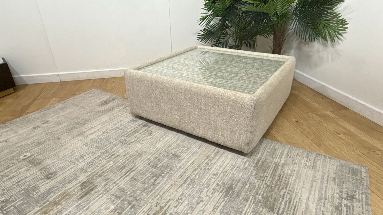 Sofology Amalfi Fabric Square Glass Top Table in Micro Flecked Boucle Natural Mix