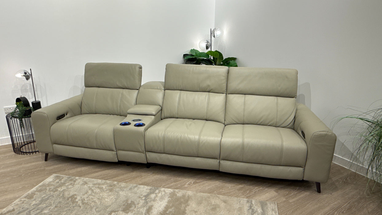 Sofology Allure Leather 3 Seater Power Recliner/Headrest Heated Seats Lumbar Support Speakers in Trusty Embossed Light Grey