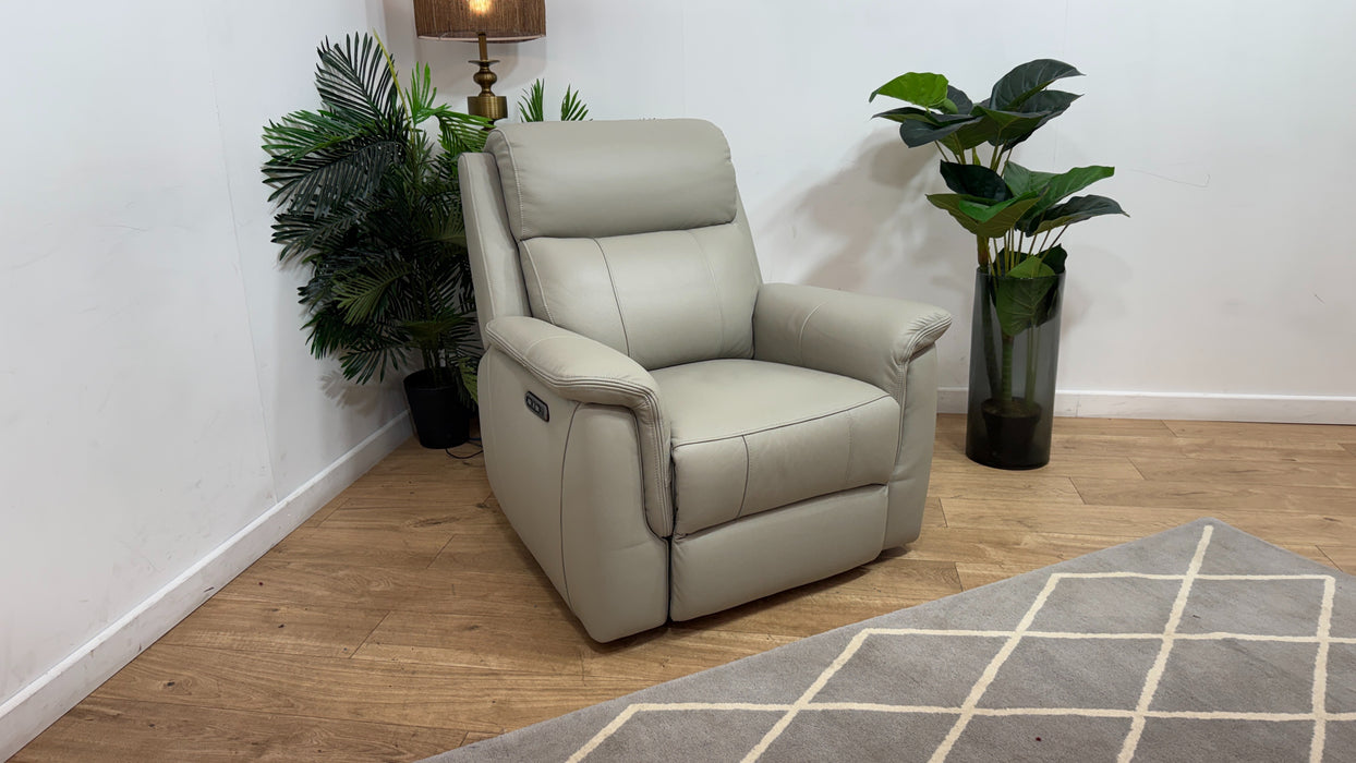Sofology Bradie Leather Chair Power Recliner/Headrest in Trusty Embossed Light Grey