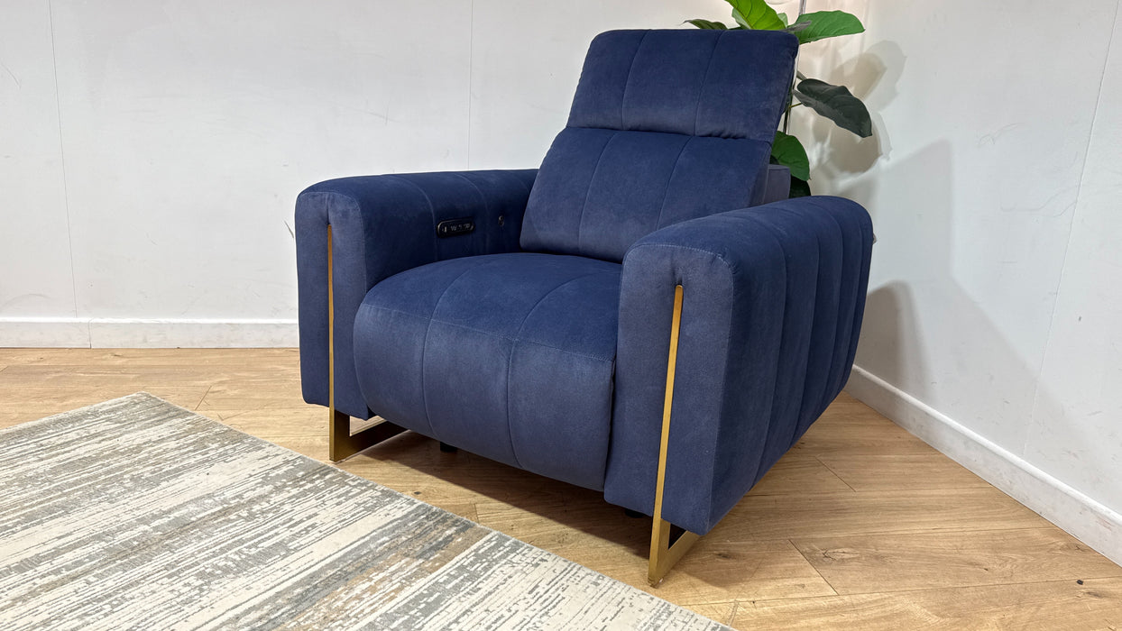 Sofology Paramount Fabric Chair Power Recliner/Headrest Heated Seat Speakers in Lifestyle Flecked Navy
