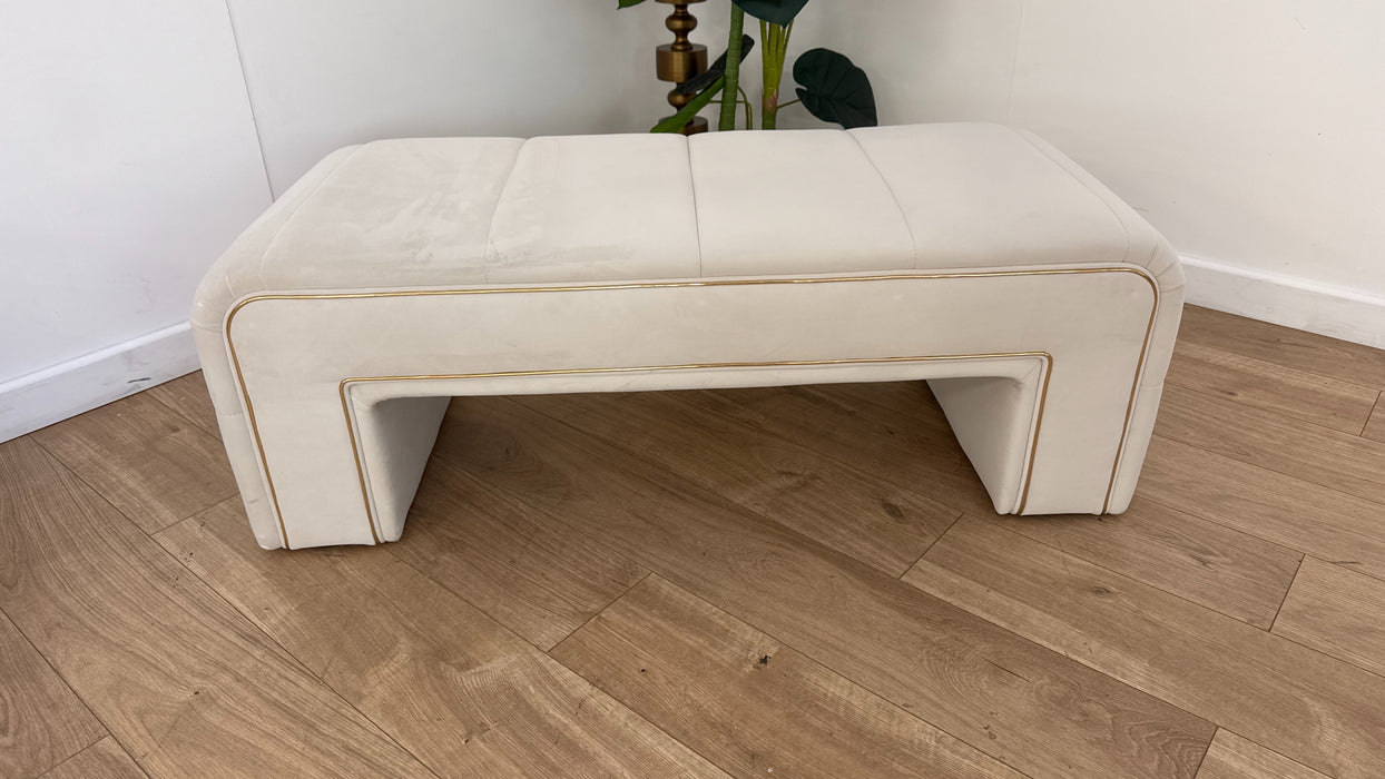 Sofology The Oscar Fabric Small Bench Footstool Gold Trim in Super Matt Velvet Ecru