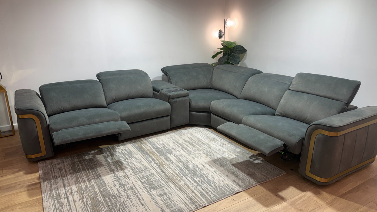 Sofology Plaza Fabric 3 Corner Smart Console 3 Power Recliner/Headrest Heated Seat in Lifestyle Flecked Mineral Green