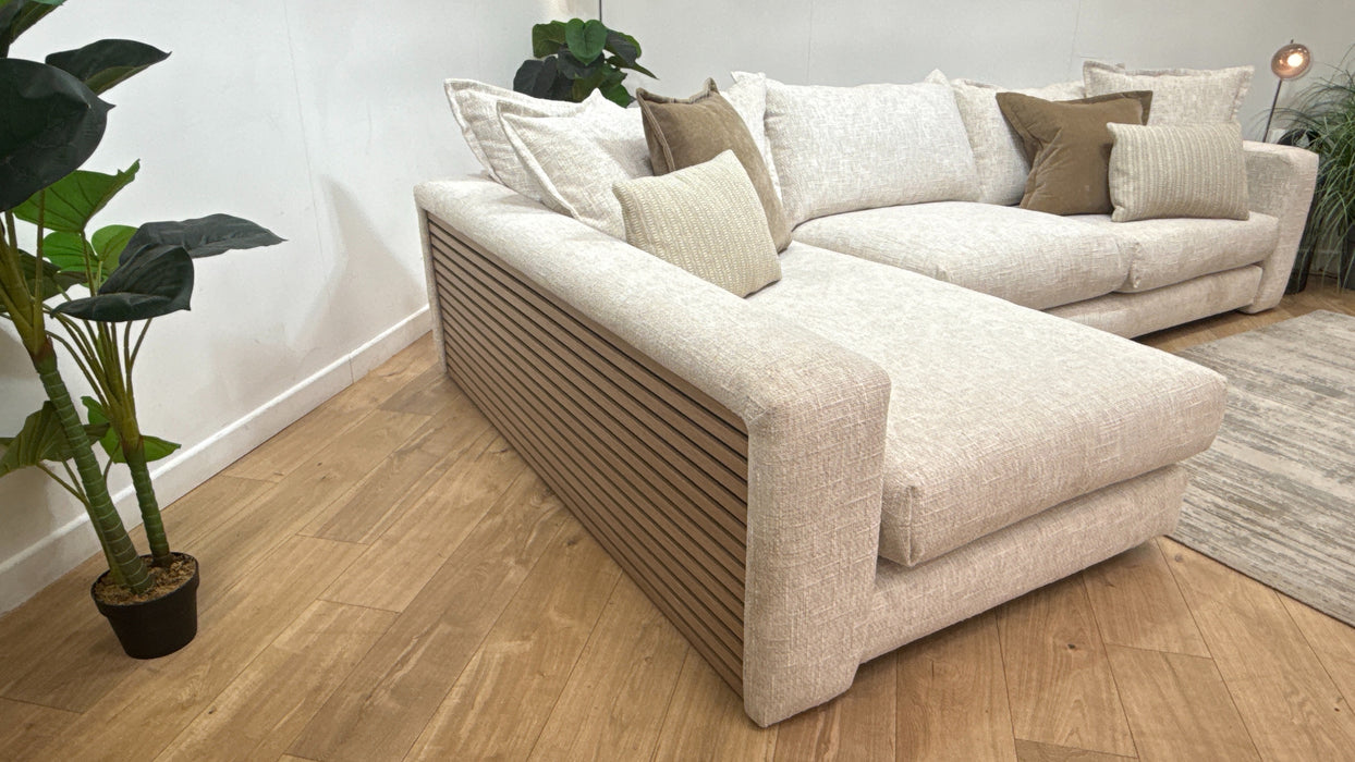 Sofology Cove Fabric Grande Chaise Light Wood Panel in Artisan Chenille Oyster Mix