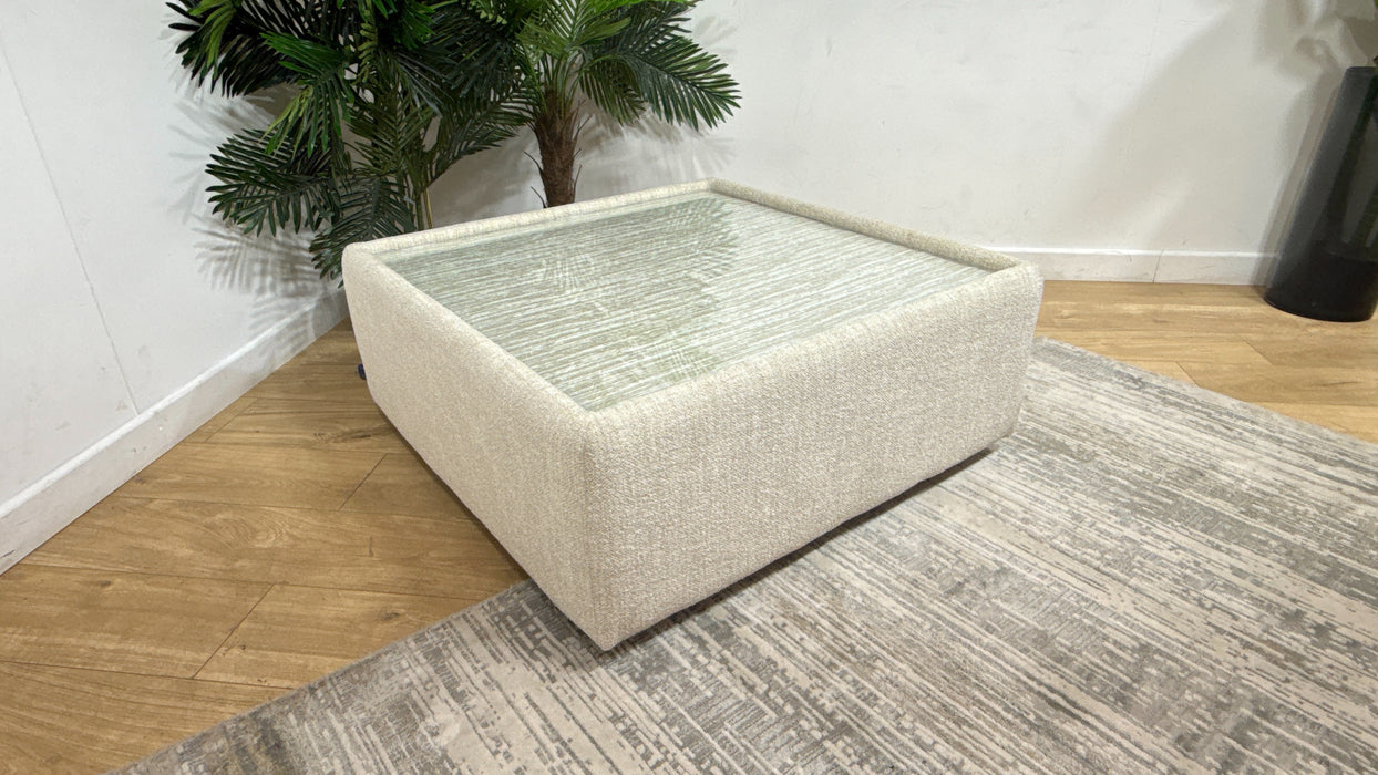 Sofology Amalfi Fabric Square Glass Top Table in Micro Flecked Boucle Natural Mix