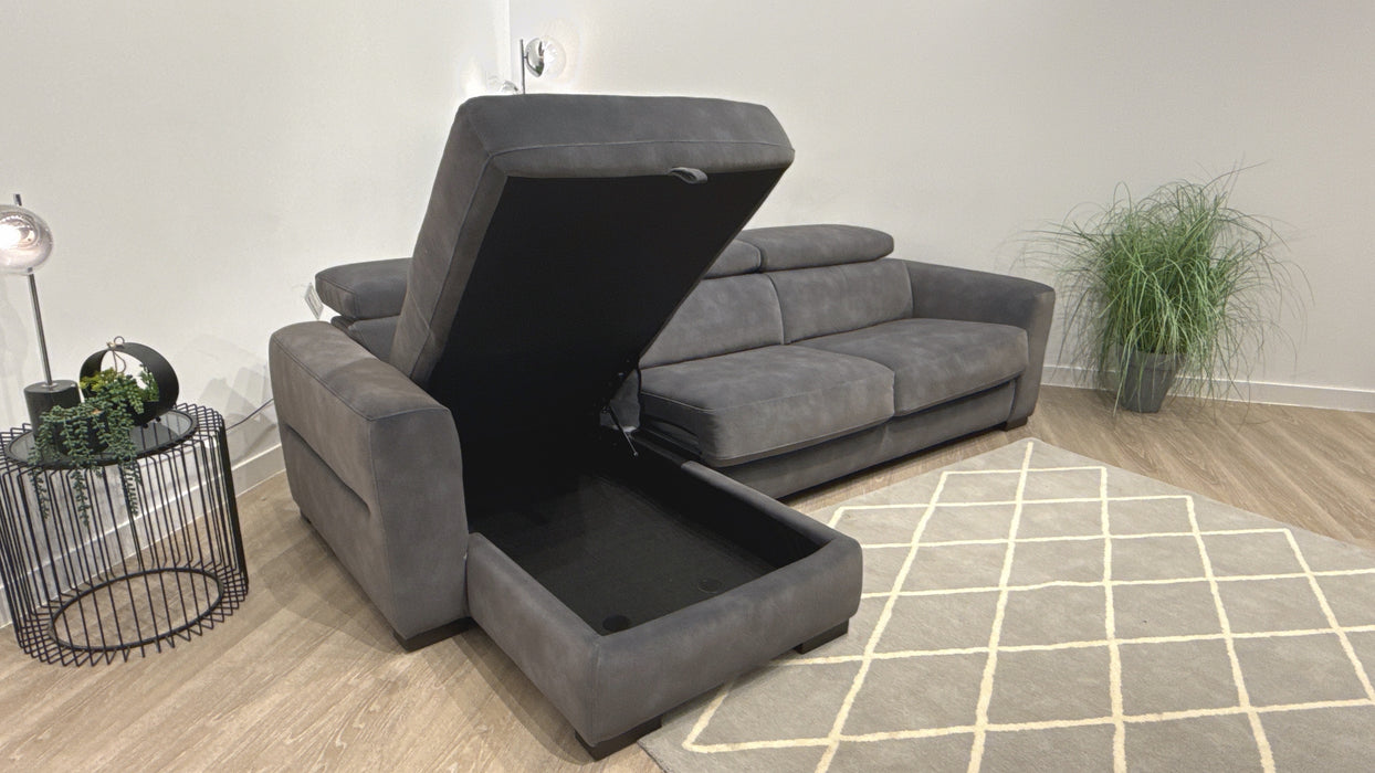 Sofology Metropolitan Fabric Chaise 4 Seater Sofa Bed with Storage in Lifestyle Mottled Charcoal