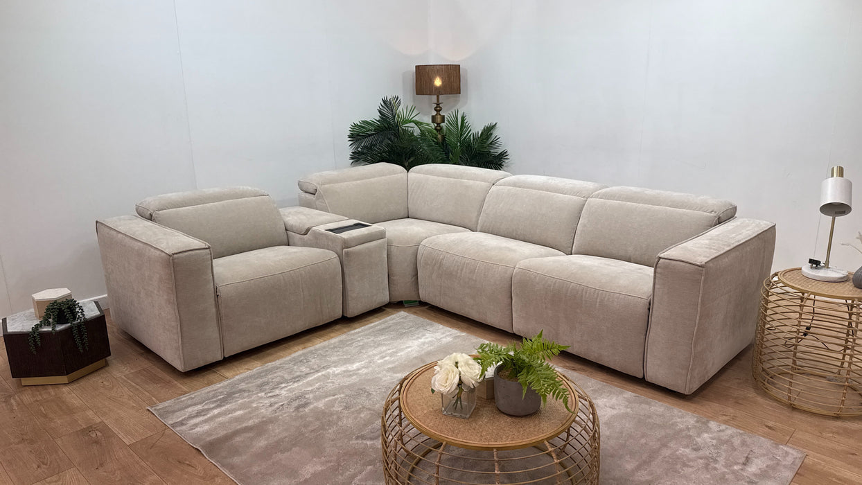 Sofology Horizon Fabric 1.5 Smart Console Corner 3 Power Recliner/Headrest Heated Seats in Textured Chenille Stone