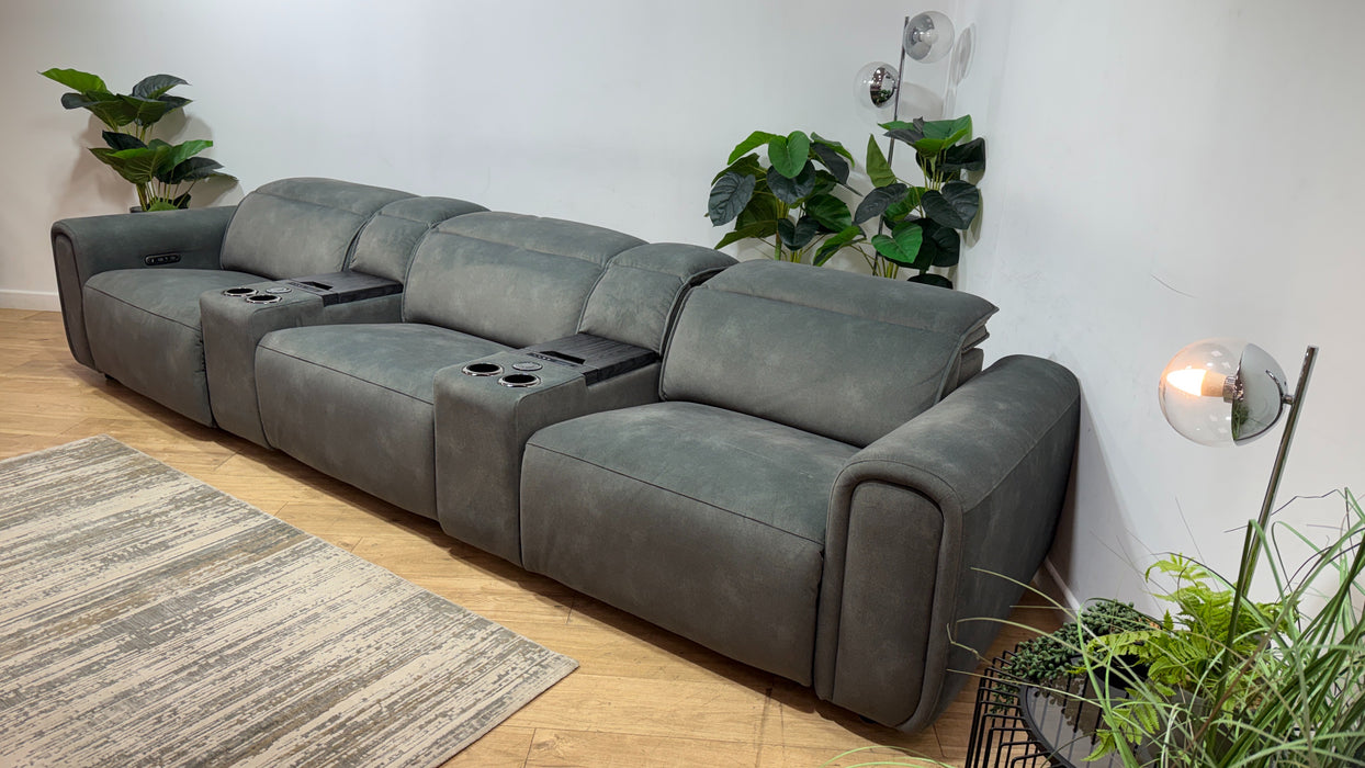 Sofology Premiere Fabric 3 Seater Cinema Sofa Consoles Power Recliner/Headrest x 3 in Lifestyle Flecked Mineral Green