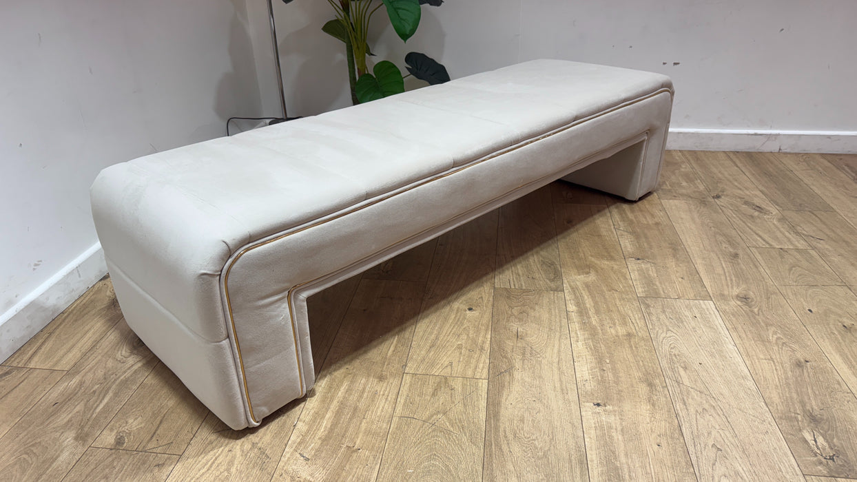 Sofology Oscar Fabric Large Bench Footstool Gold Trim in Super Matt Velvet Ecru