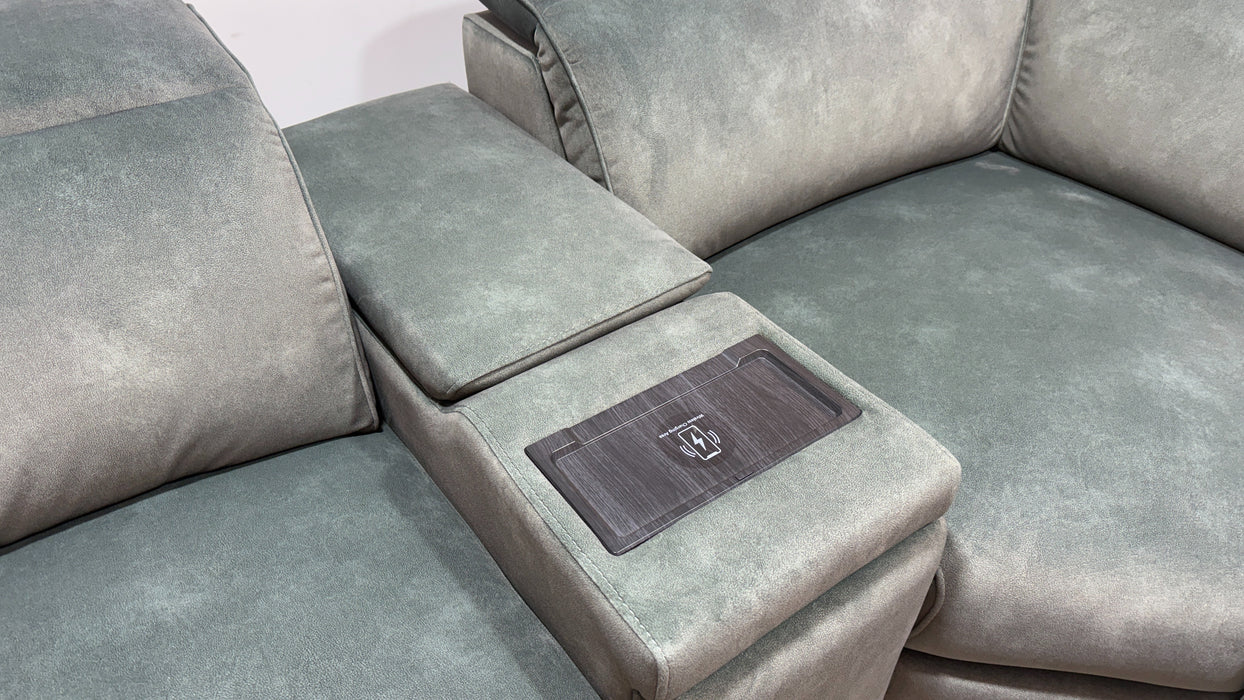 Sofology Plaza Fabric 3 Corner Smart Console 3 Power Recliner/Headrest Heated Seat in Lifestyle Flecked Mineral Green