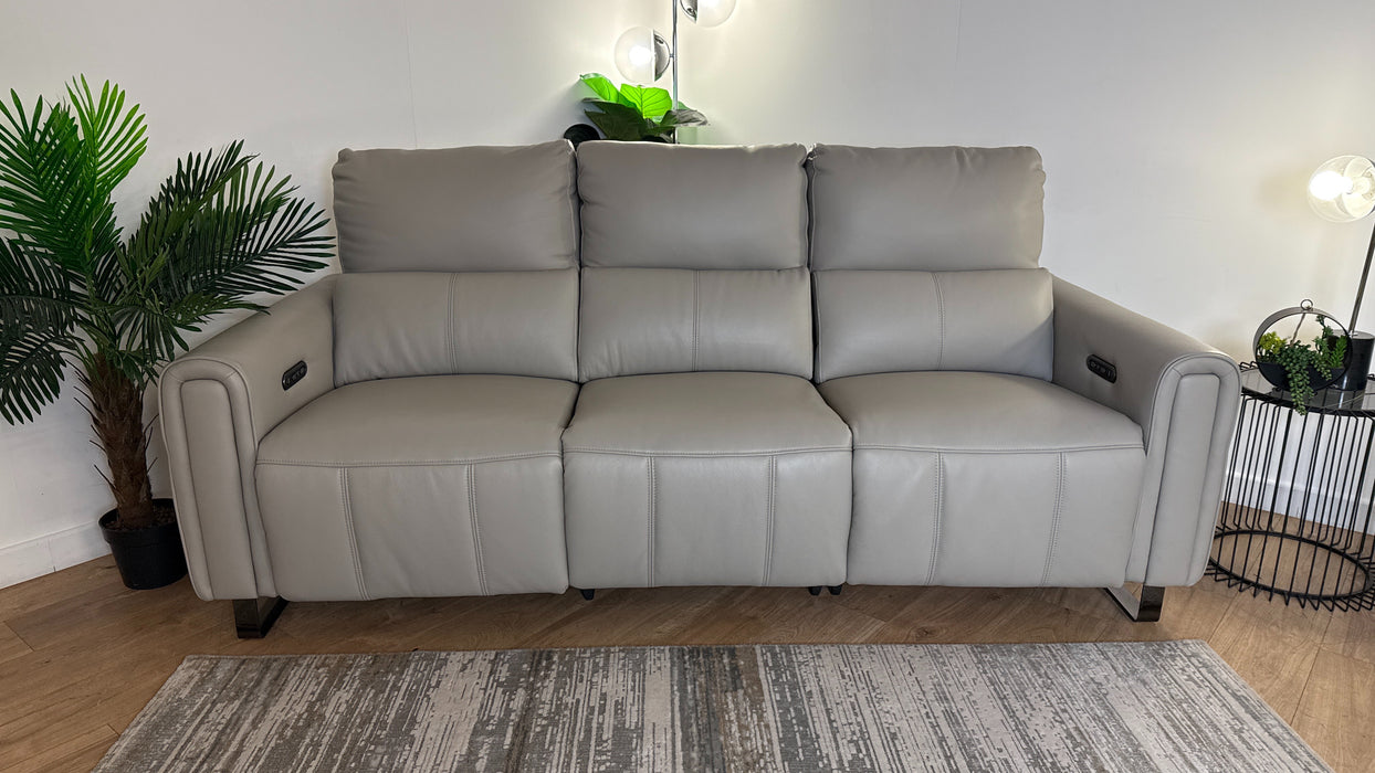 Sofology The Ravello Leather 3 Seater Power Recliner/Headrest in Trusty Embossed Light Grey