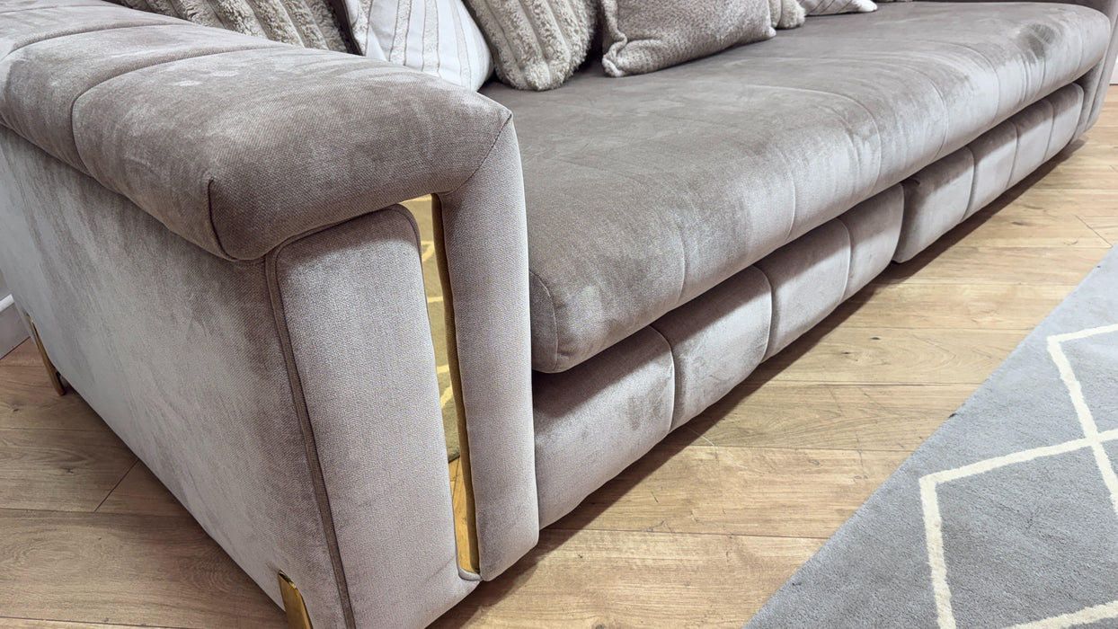 Sofology Oscar Fabric 4 Seater Split Gold Trim in Fine Textured Chenille Stone Mix