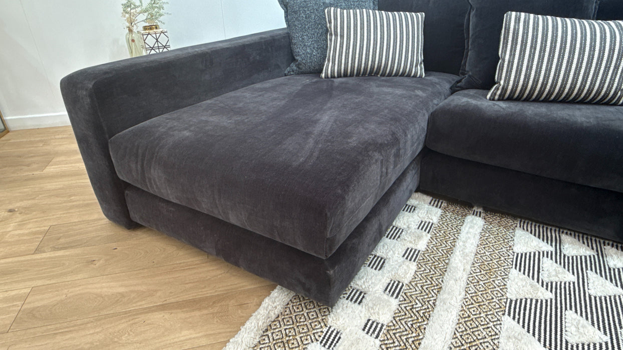 Sofology Cove Fabric Super Grande Double Chaise Black Wood Panel in Soft Chenille Anthracite Mix
