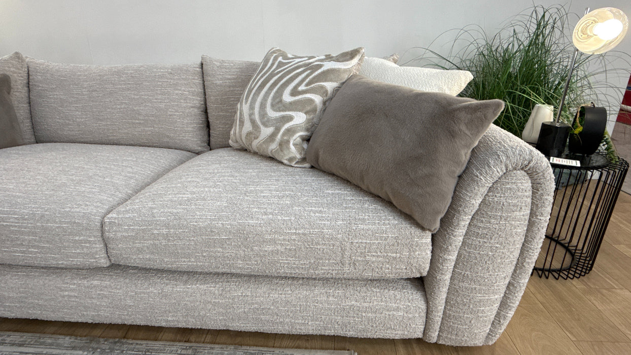 Sofology Marble Arch Fabric 3 Corner 1 Light Wood Trim in Chunky Flecked Boucle Stone/Ecru Mix