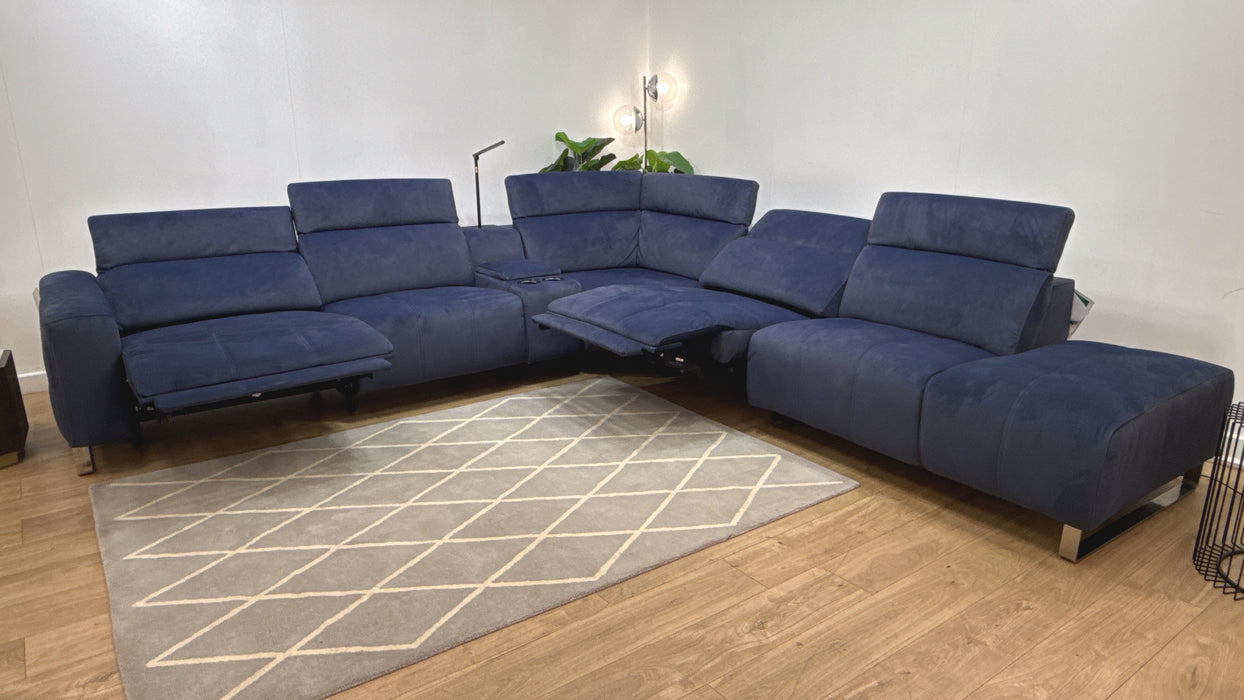 Sofology Marvella Fabric 3 Corner 3 Console Chaise Power Recliner/Headrest Heated Seats in Lifestyle Flecked Navy