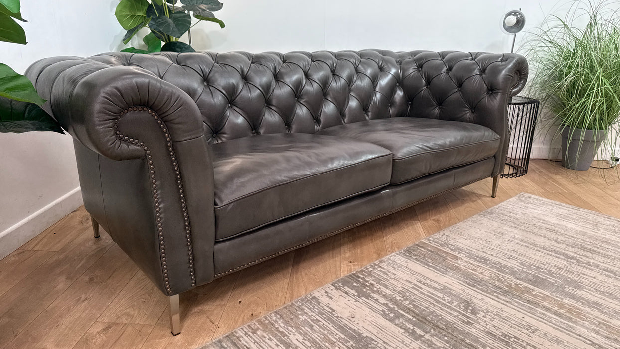 Sofology Darcy Leather 3 Seater with Studs in Trusty Supersoft Sheen Charcoal