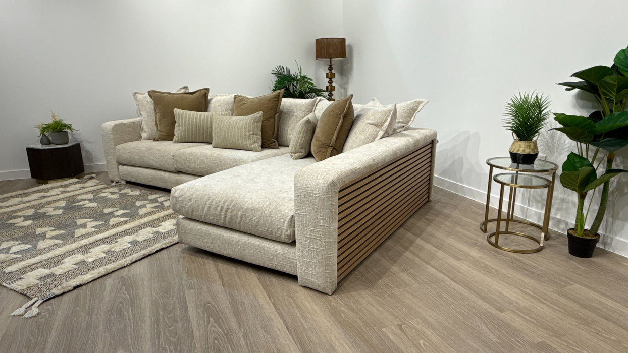 Sofology Cove Fabric Grande Chaise Light Wood Panel in Artisan Chenille Ecru Mix