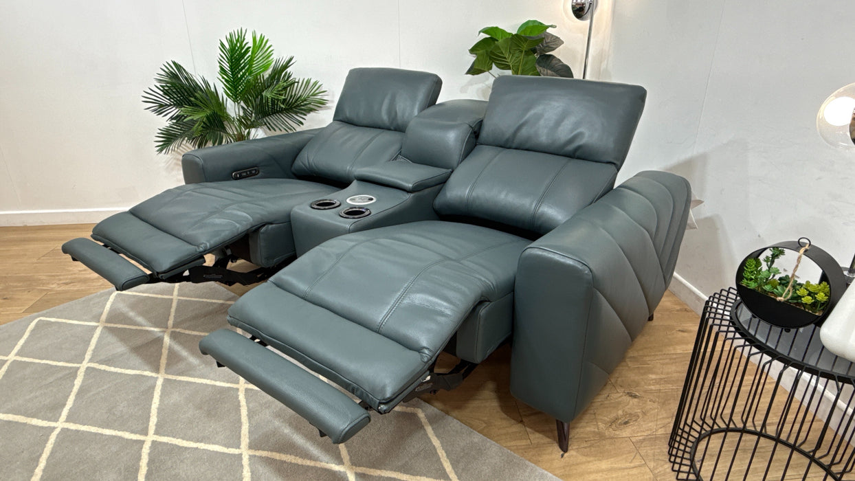 Sofology Allure Leather 2 Seater Smart Console Power Recliner/Headrest in Trusty Embossed Peacock