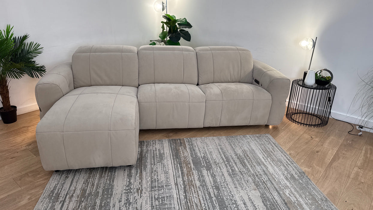 Sofology Lumiere Fabric Chaise 4 Seater Power Recliner/Headrest Heated Seat in Lifestyle Nubuck Feel Stone