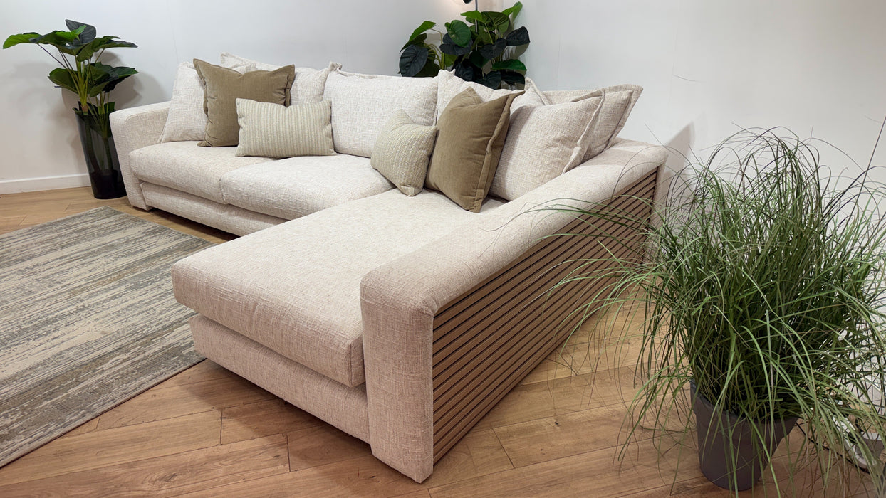 Sofology Cove Fabric Grande Chaise Light Wood Panel in Artisan Chenille Ecru Mix