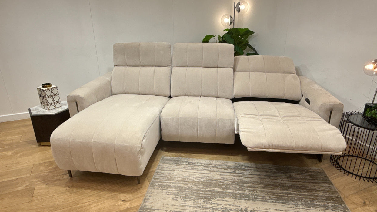 Sofology Paramount Fabric Chaise 4 Seater Power Recliner/Headrest Heated Seats in Relaxed Chenille Cotton