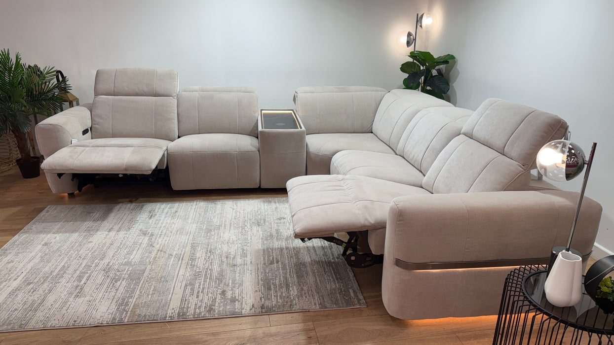 Sofology Lumiere Fabric 3 Console Corner 3 Power Recliner/Headrest Gunmetal Trim in Relaxed Chenille Cotton