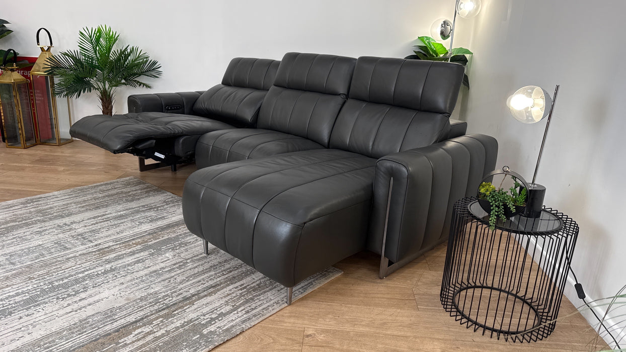 Sofology The Paramount Leather 4 Seater Chaise Power Recliner/Headrest Speakers in Trusty Embossed Charcoal