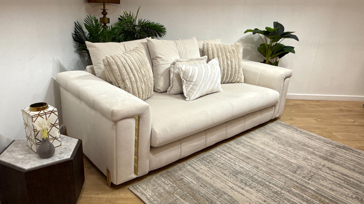 Sofology Oscar Fabric 3 Seater Gold Trim in Super Matt Velvet Ecru Mix