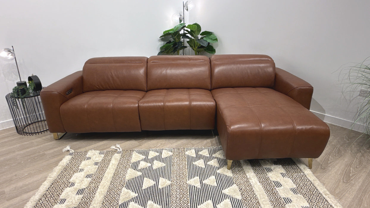 Sofology Marvella Leather 4 Seater Chaise Power Recliner/Headrest in Trusty Sheen Butterscotch