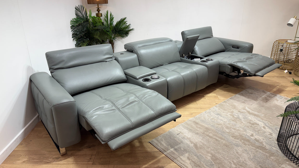 Sofology Marvella Leather 3 Seater Cinema Console Power Recliner/Headrest x 2 in Trusty Sheen Granite Teal
