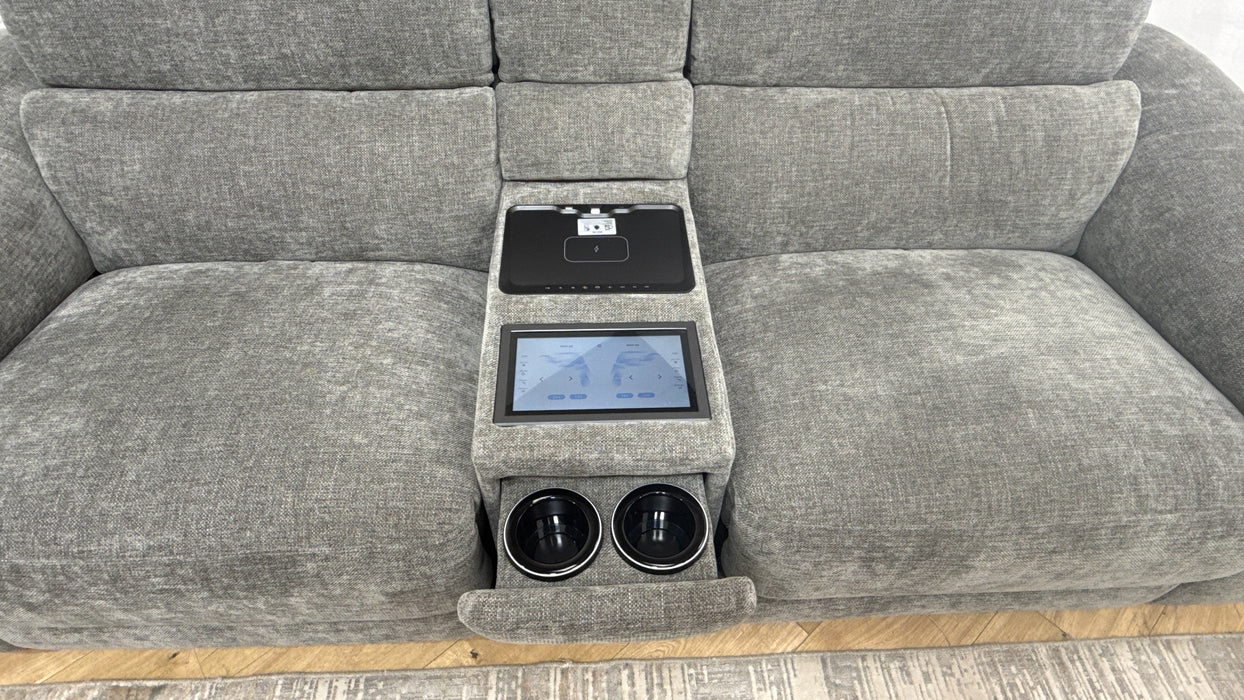 Sofology Elevate 2.5 Seater Screen Console Power Recliner/Headrest Heated Seats Lumbar Support Speakers in Chenille Grey Fab