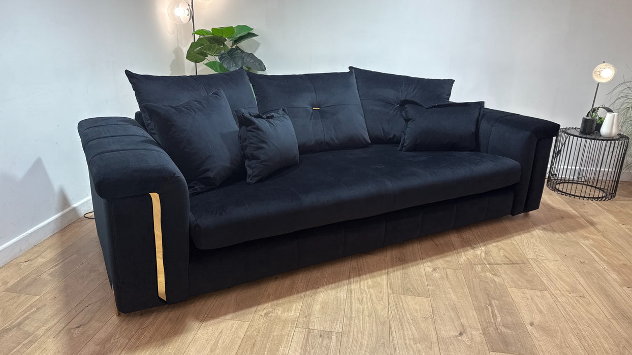 Sofology Oscar Fabric 4 Seater Gold Trim in Super Matt Velvet Black Mix