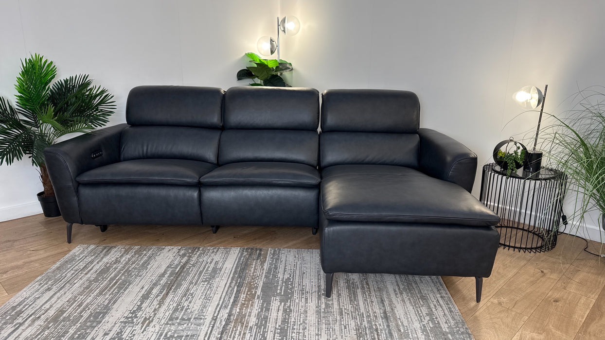 Sofology The Viento Leather 3 Seater Chaise Power Recliner/Headrest Lumbar in Trusty Embossed Leather Navy