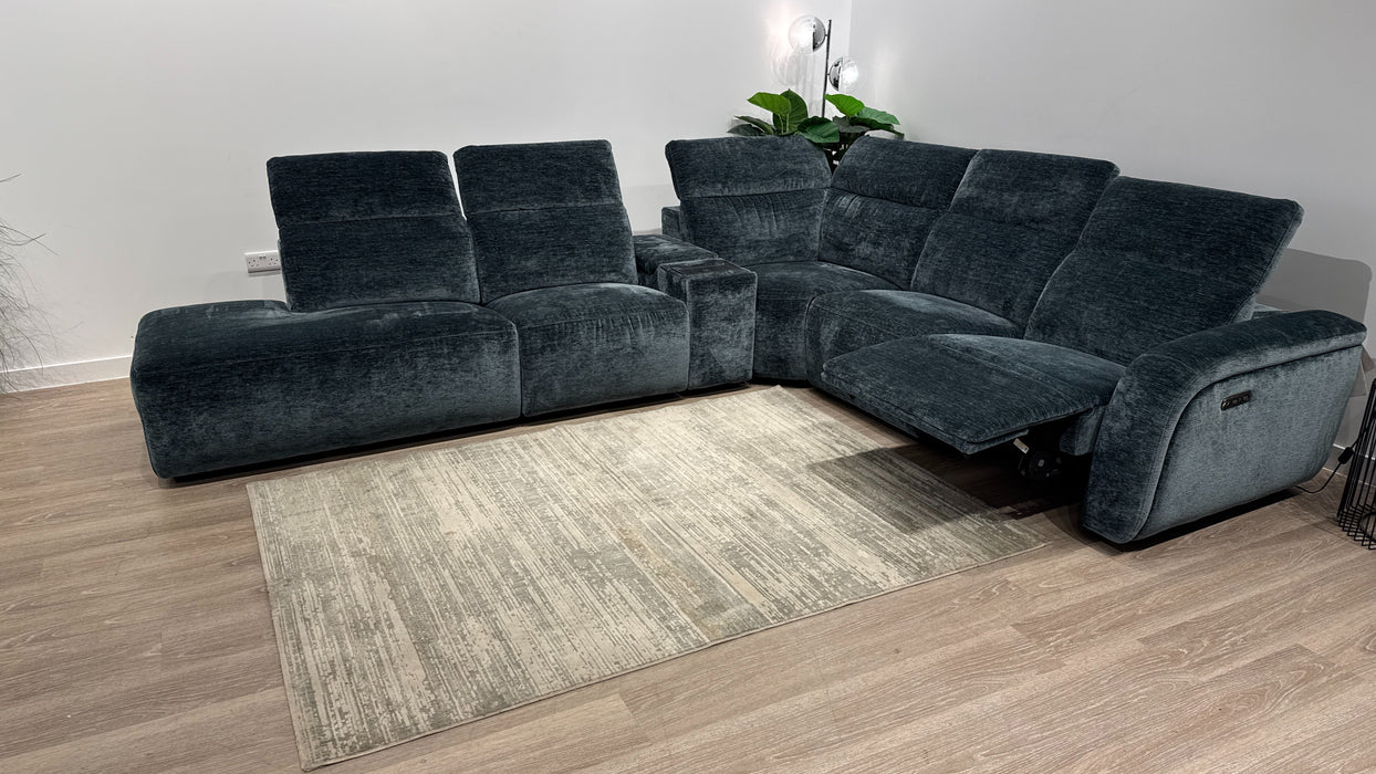 Sofology Drift Fabric Chaise 3 Console Corner 3 Power Recliner/Headrest in Luxury Textured Chenille Lagoon