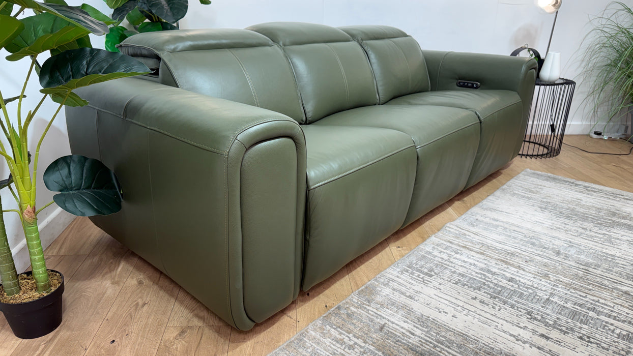 Sofology Premiere Leather 3 Seater Power Recliner/Headrest in Trusty Embossed Dark Olive