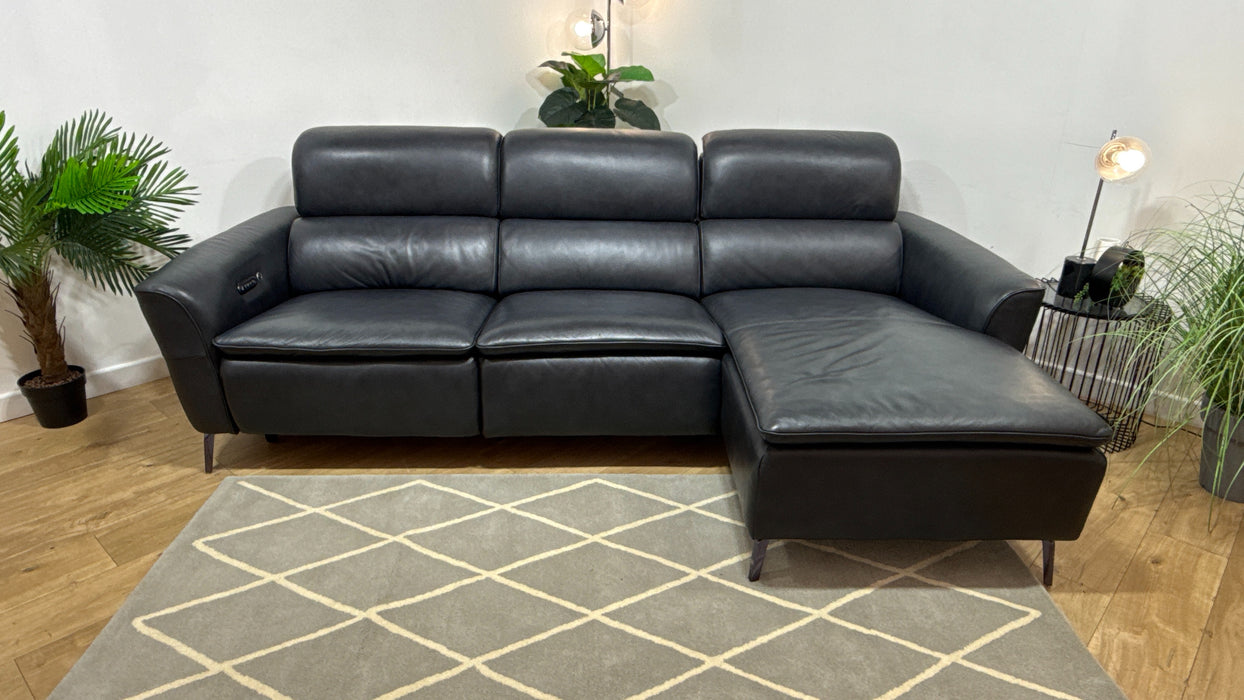 Sofology The Viento 3 Seater Leather Chaise, Power Recliner, HDRST,Lumber & Heated St in Navy