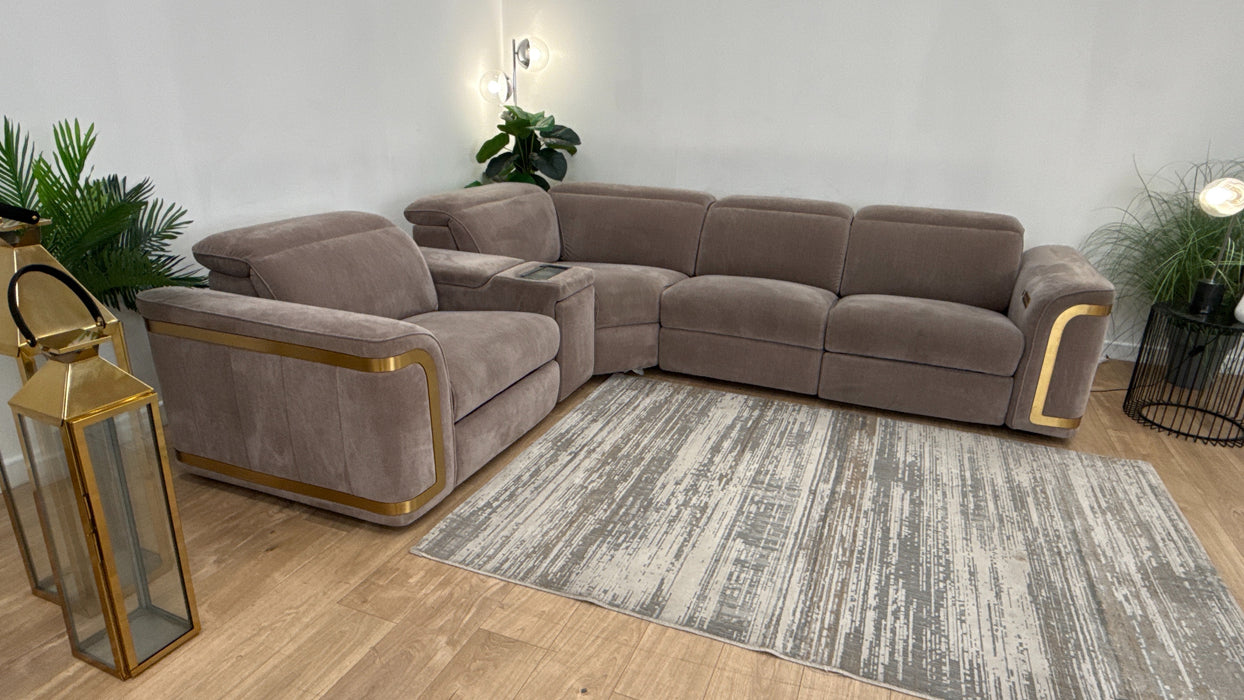 Sofology Plaza Fabric 1.5 Smart Console Corner 3 Power Recliner/Headrest Heated Seats in Relaxed Chenille Nutmeg