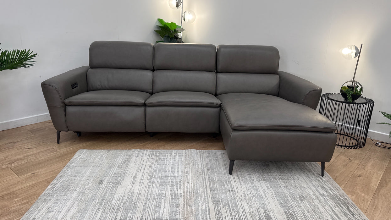 Sofology The Viento Leather 3 Seater Chaise Power Recliner/Headrest in Trusty Embossed Grey