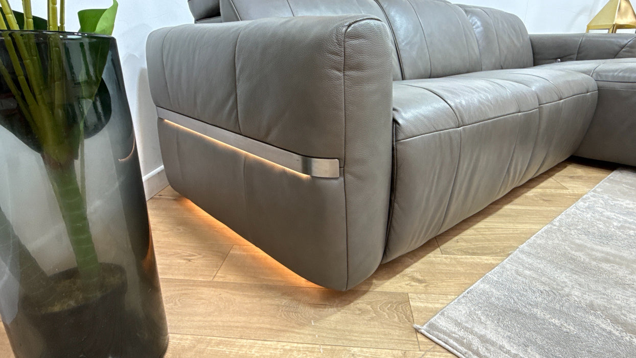 Sofology Lumiere Leather 4 Seater Chaise Power Recliner/Headrest Heated Seats Gunmetal Trim in Trusty Embossed Grey
