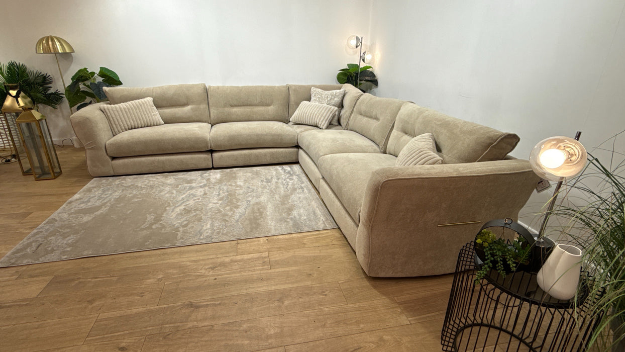 Sofology Reign Fabric 3 Corner 3 Gold Trim in Luxe Sherpa French Beige/Natural Mix