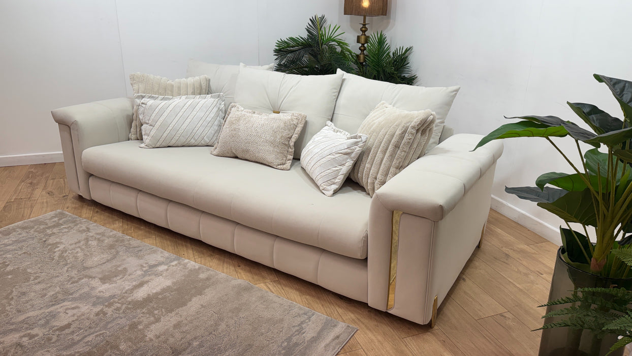 Sofology Oscar Fabric 4 Seater Gold Trim in Super Matt Velvet Ecru Mix