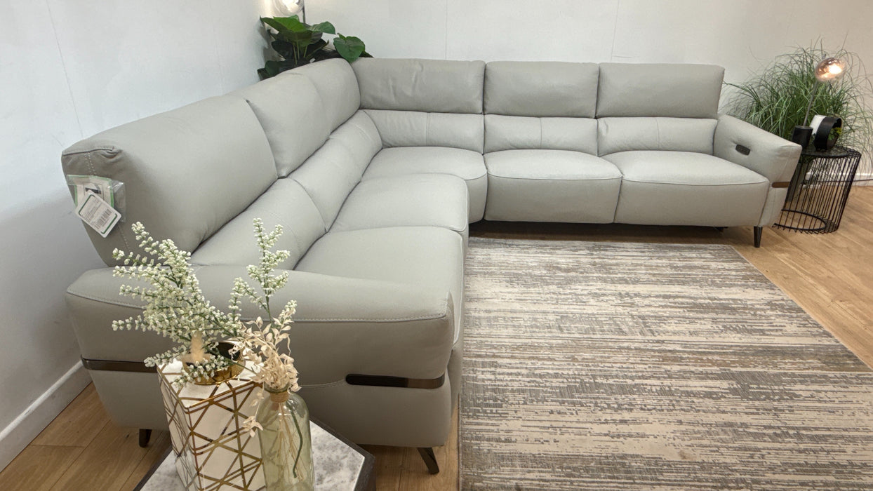 Sofology Arlington Leather 2 Corner 2 Power Recliner/Headrest Lumbar in Trusty Matt Light Grey