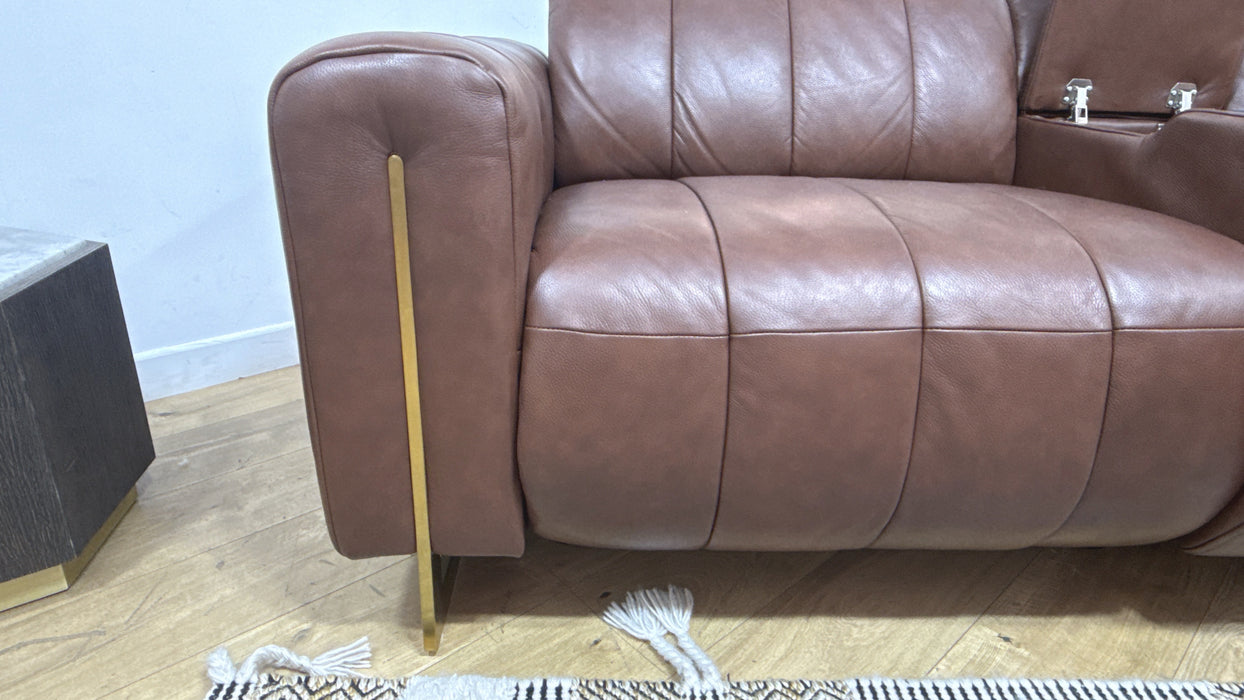 Sofology Paramount 2.5 Leather Sofa Power Recliner, Power Hdrst and Speakers + Console in Embossed Leather Chestnut