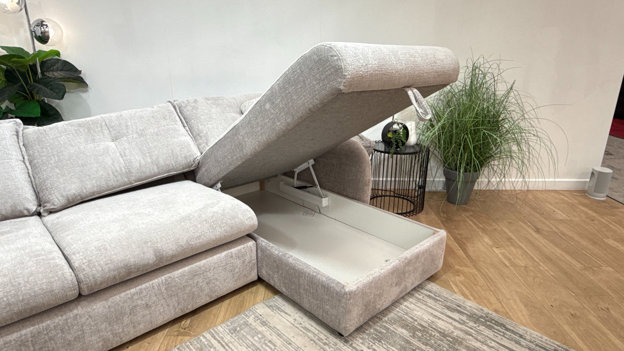 Sofology Portobello Fabric 3 Seater Chaise Storage Foam Seats in Teddy Chenille Silver Mix