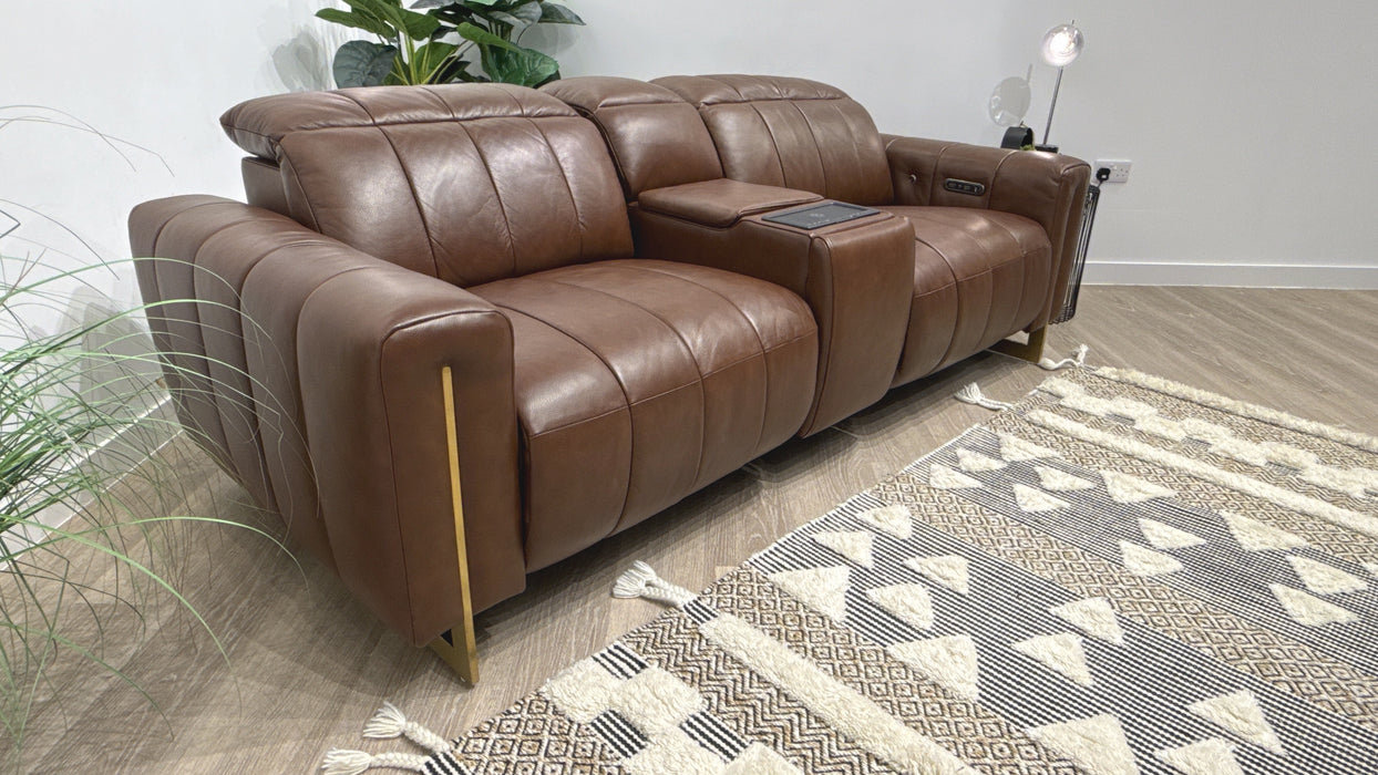 Sofology Paramount Leather 2.5 Seater Console Power Recliner/Headrest Speakers Heated Seats in Trusty Embossed Chestnut